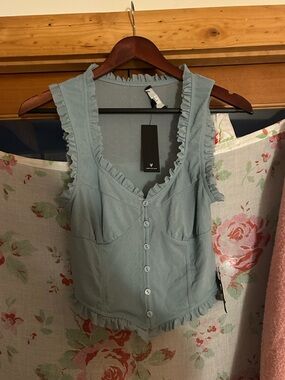 Lulu's Light Blue Ruffle-Trim Button Front Camisole Bustier style Feminine Doen